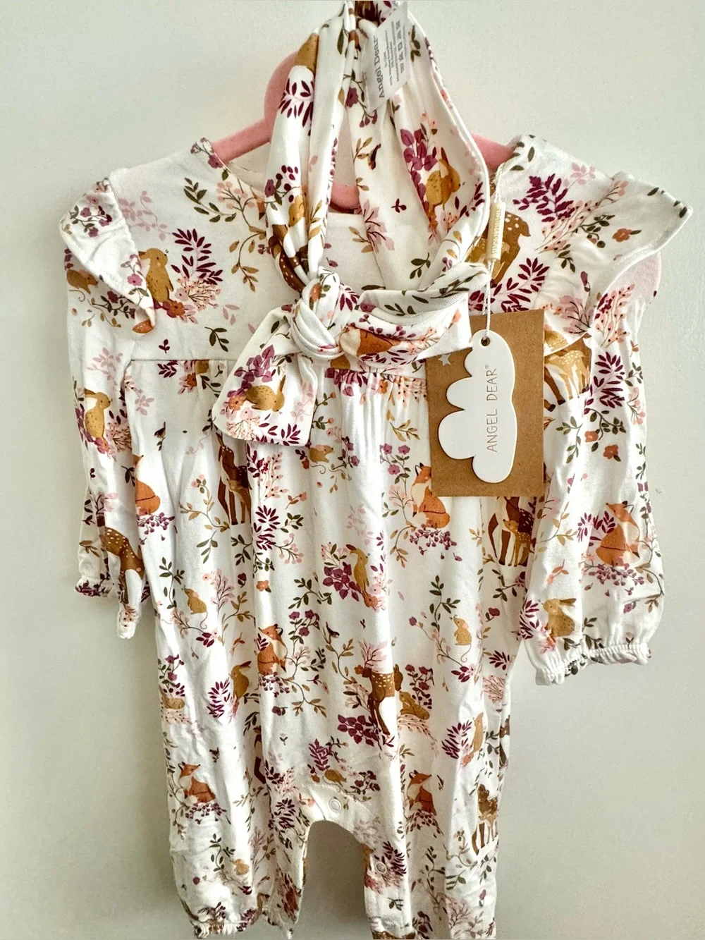 NWT Angel Dear Bamboo Baby Girl Woodland Print Romper And Headband